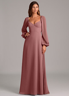 Azazie Annistyn 신부 들러리 드레스 A라인 긴팔 쉬폰 바닥 길이 드레스 image3