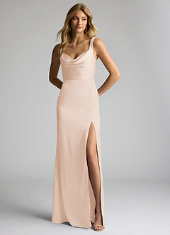 Azazie Elida Bridesmaid Dresses White Alabaster Sheath Pleated Stretch Satin Dress image1