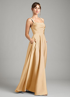 Azazie Shaude Vestidos de damas de honor Vestido de Oro de Satén Elástico de Corte en A con Plisado image12