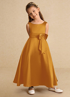 Azazie Lindy Flower Girl Dresses Butterscotch A-Line Pleated Matte Satin Dress image8