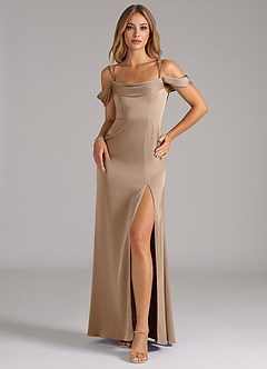 Azazie Callan Bridesmaid Dresses Taupe A-Line Pleated Stretch Satin Convertible Dress image3
