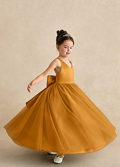 Azazie Peanut Robe Demoiselle D'honneur Fillette Robe Trapèze en Tulle Bretelle Caramel écossais image5