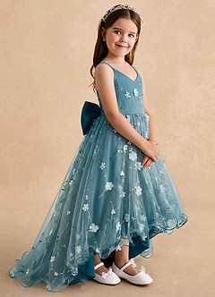 Azazie Celia Flower Girl Dresses Ink Blue A-Line Spaghetti Strap Tulle Dress image3