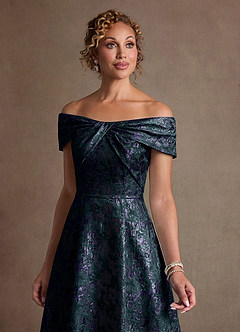 Azazie Harriett Mother of the Bride Dresses Dark Navy A-Line Off the Shoulder Floral Jacquard Dress image3
