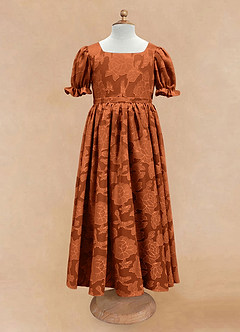 Azazie Joss Flower Girl Dresses Burnt Orange A-Line with Sleeves Floral Burnout Dress image4