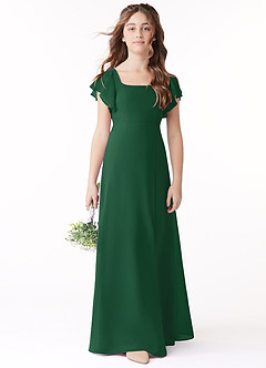 Azazie Bondi Junior Dark Green A-Line Bow Chiffon Dress image2