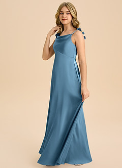 Azazie Gumdrop Junior Steel Blue Empire Pleated Stretch Satin Dress image5