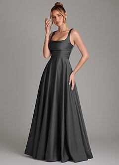 Azazie Azaria At-home Try On Dresses Black A-Line Corset Stretch Satin Dress image3