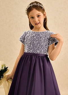 Azazie Cashew Flower Girl Dresses Plum Ball-Gown with Sleeves Matte Satin Dress image6