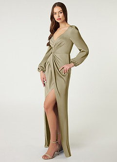 Azazie Mel Bridesmaid Dresses Moss Green Sheath Long Sleeve Stretch Satin Dress image3