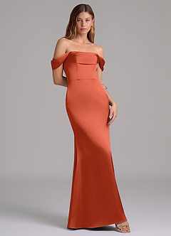 Azazie Miley Abiti da Damigella Abito Convertibile Sirena in Raso Elasticizzato a Spalla Scoperta Ruggine image1