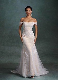 Azazie Ella At-home Try On Dresses Diamond White Champagne Mermaid Sweetheart Neckline Tulle Dress image1