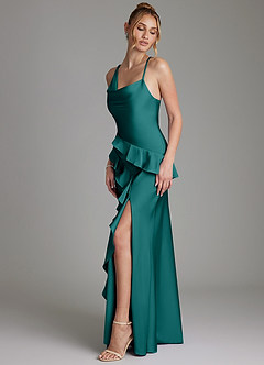 Azazie Jayda Bridesmaid Dresses Peacock A-Line Ruched Stretch Satin Dress image5