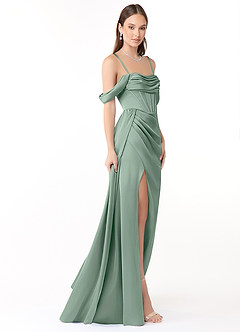 Azazie Amyra Vestidos de damas de honor Vestido Agave de Satén Elástico de Corte Sirena Convertible con Hombros descubiertos image6