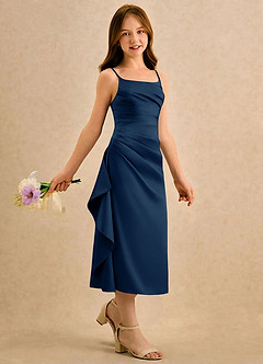 Azazie Canna Girls Formal Flower Girl Dresses Dark Navy A-Line Pleated Stretch Satin Dress image3