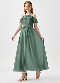Azazie Chaya Junior Sea Moss A-Line Off the Shoulder Chiffon Dress image5