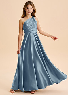 Azazie Charlize Junior Dusty Blue A-Line Pleated Stretch Satin Dress image5