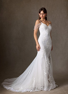 Azazie Saskia Vestidos de novia Vestido de Diamante Blanco de Tul de Corte Sirena con Lentejuela image4