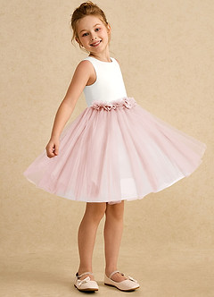Azazie Louisa Flower Girl Dresses Ivory Blushing Pink A-Line Sleeveless Tulle Dress image3