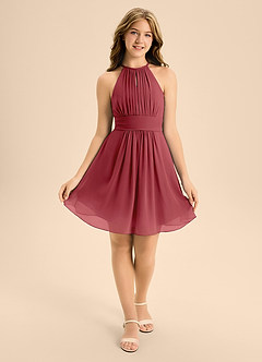 Azazie Bonnie Junior Pomegranate A-Line Pleated Chiffon Dress image1