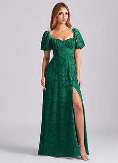 Azazie Mirian Bridesmaid Dresses Emerald A-Line Sweetheart Neckline Floral Burnout Dress image1