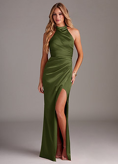 Azazie Jemma Bridesmaid Dresses Olive Sheath Pleated Stretch Satin Dress image4