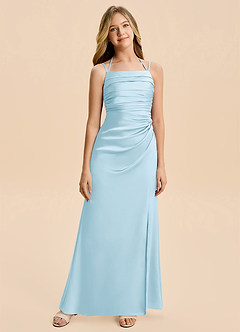 Azazie Nova Junior Sky Blue Sheath Pleated Stretch Satin Dress image6
