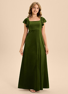 Azazie Bondi Junior Olive A-Line Bow Velvet Dress image5