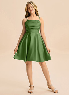 Azazie Miko Junior Basil A-Line Pleated Stretch Satin Dress image5