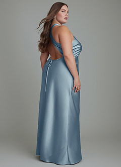Azazie Evadne Bridesmaid Dresses Dusty Blue Sheath Pleated Stretch Satin Dress image8