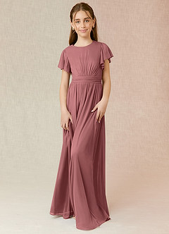 Azazie Mosley Junior Dark Green A-Line Ruched Mesh Dress image1
