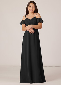 Azazie Juna Junior Black A-Line Off the Shoulder Chiffon Dress image4
