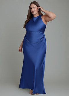 Azazie Evadne Bridesmaid Dresses Royal Blue Sheath Pleated Stretch Satin Dress image11
