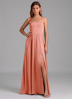 Azazie Rosaline Bridesmaid Dresses Coral A-Line Side Slit Stretch Satin Dress image1