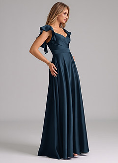 Azazie Leilani Vestidos de damas de honor Vestido Azul Marino Oscuro de Satén Elástico de Línea A con Drapeado image6