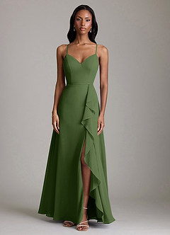 Azazie Naeem Bridesmaid Dresses Olive A-Line V-Neck Ruffle Chiffon Dress image3