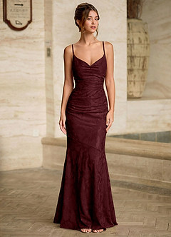 Leahenmo Wine Textured Floral Jacquard Prom Dress image1