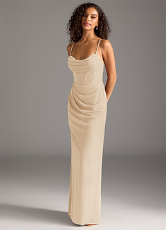 Azazie Mai Bridesmaid Dresses Champagne Sheath Pleated Mesh Dress image1