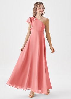 Azazie Arabella Junior Coral A-Line Ruched Chiffon Dress image4