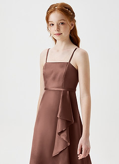 Azazie Kaylee Junior Espresso A-Line with Belt Metallic Satin Dress image6