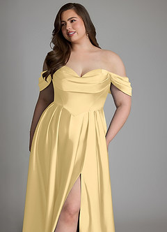 Azazie Loisa Robes de demoiselle d'honneur Robe Trapèze en Satin extensible Épaules dénudées Beurre image15