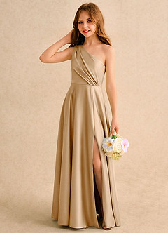 Azazie Puddles Girls Formal Flower Girl Dresses Gold A-Line One Shoulder Stretch Satin Dress image3