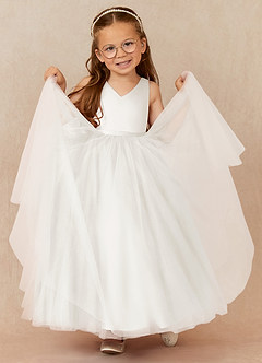 Azazie Marybell Flower Girl Dresses Ivory A-Line Bow Tulle Dress image3
