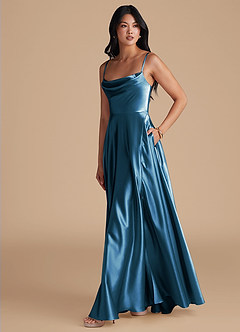 Azazie Elle Bridesmaid Dresses Steel Blue A-Line with Pockets Metallic Satin Dress image11