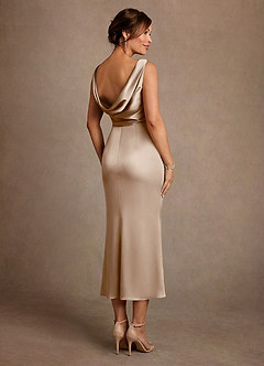 Azazie Mazhe Mother of the Bride Dresses Taupe A-Line Pleated Stretch Satin Dress image2