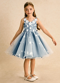 Azazie Junebug Robe Demoiselle D'honneur Fillette Robe Princesse en Tulle Dentelle Ivoire Bleu Bermudes image6