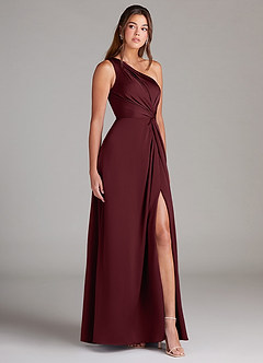 Azazie Brooke Vestidos de damas de honor Vestido de Cabernet de Satén Elástico de Corte en A con Hombro unilateral image4