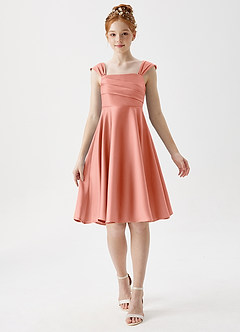 Azazie Amira Junior A-Linie Plissee Stretch-Satin Kleid Koralle image1
