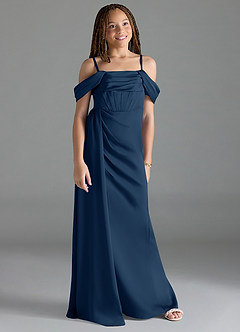 Azazie Amyra Junior Dark Navy Sheath Off the Shoulder Stretch Satin Dress image3