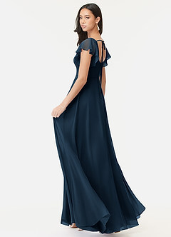 Azazie Bondi Vestidos de damas de honor Vestido Azul Marino Oscuro de Gasa de Línea A con Volantes image5